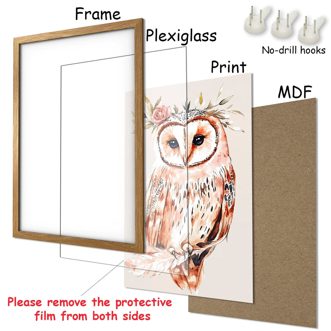 Framed Poster featuring a watercolor owl in warm earth tones. Perfect wall art for any room!