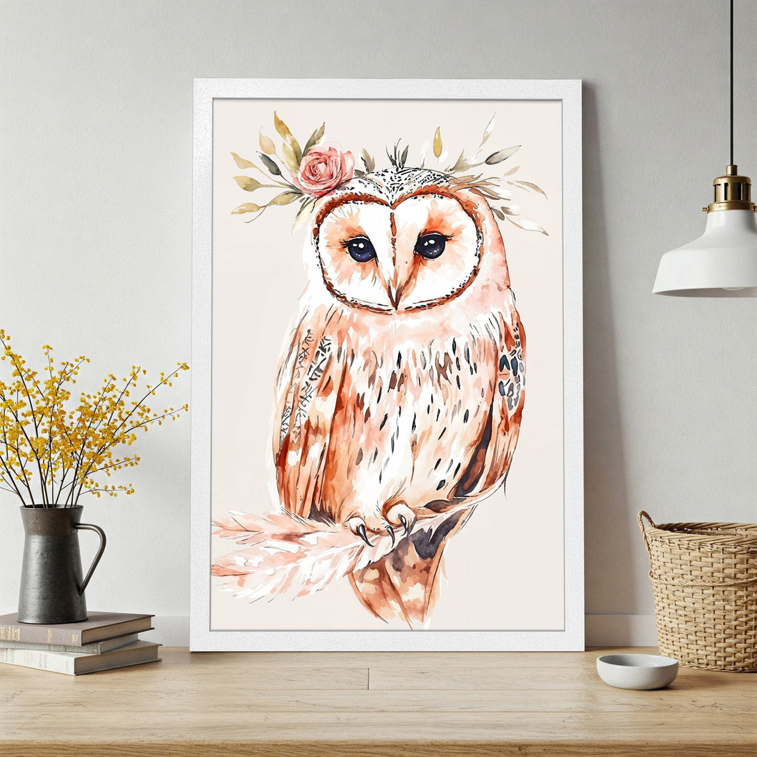 Framed Poster of a watercolor owl with floral crown. Earthy tones and soft style create a warm, inviting aesthetic. Perfect wall art!