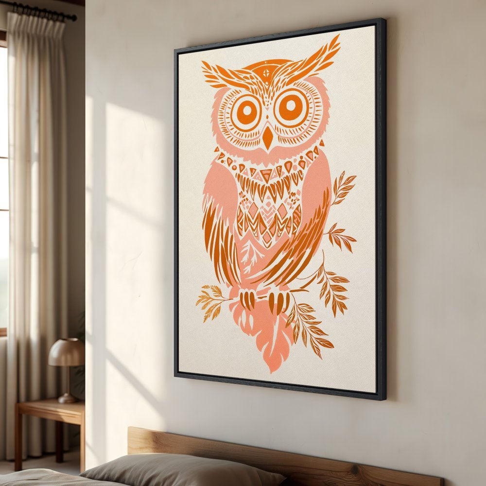 Framed Wall Art: Boho owl Canvas Print in warm peach & orange tones. Perfect for adding a touch of nature & style to your home decor!