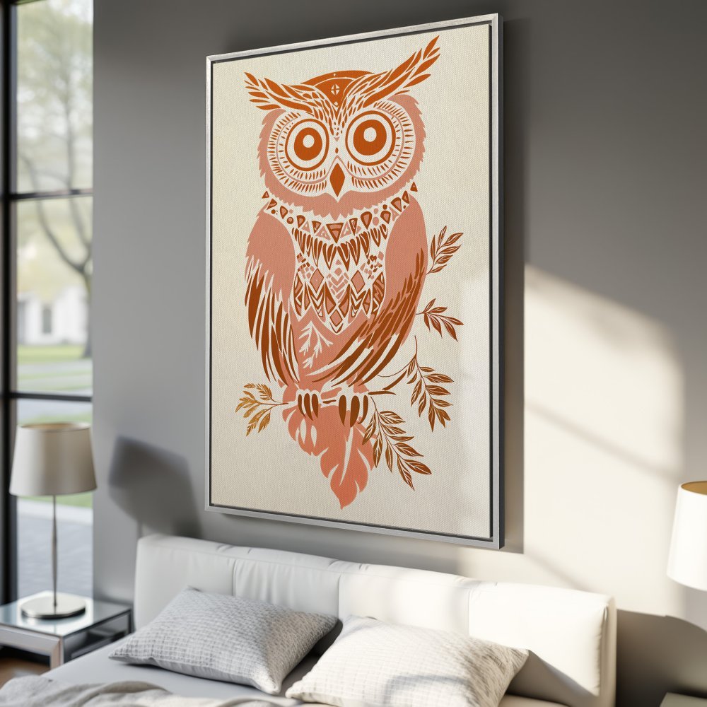 Framed Wall Art: Boho owl illustration in warm terracotta tones. Add a touch of nature and style to your bedroom with this unique Canvas Print.