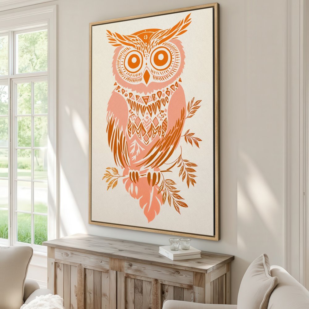 Framed Wall Art: Boho owl print in warm peach and orange tones. Perfect for adding a touch of nature-inspired style to your home decor.