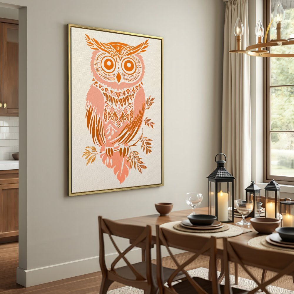 Canvas Print: Boho owl art in warm terracotta and peach tones. Perfect wall decor for a stylish living room or bedroom.