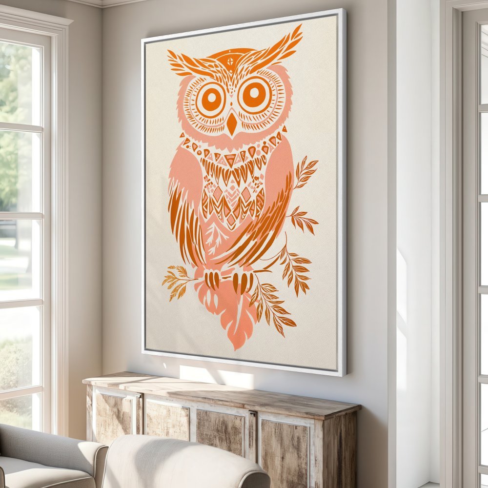 Framed Wall Art: Boho owl print in coral and orange tones. Add a touch of nature and style to your home decor!