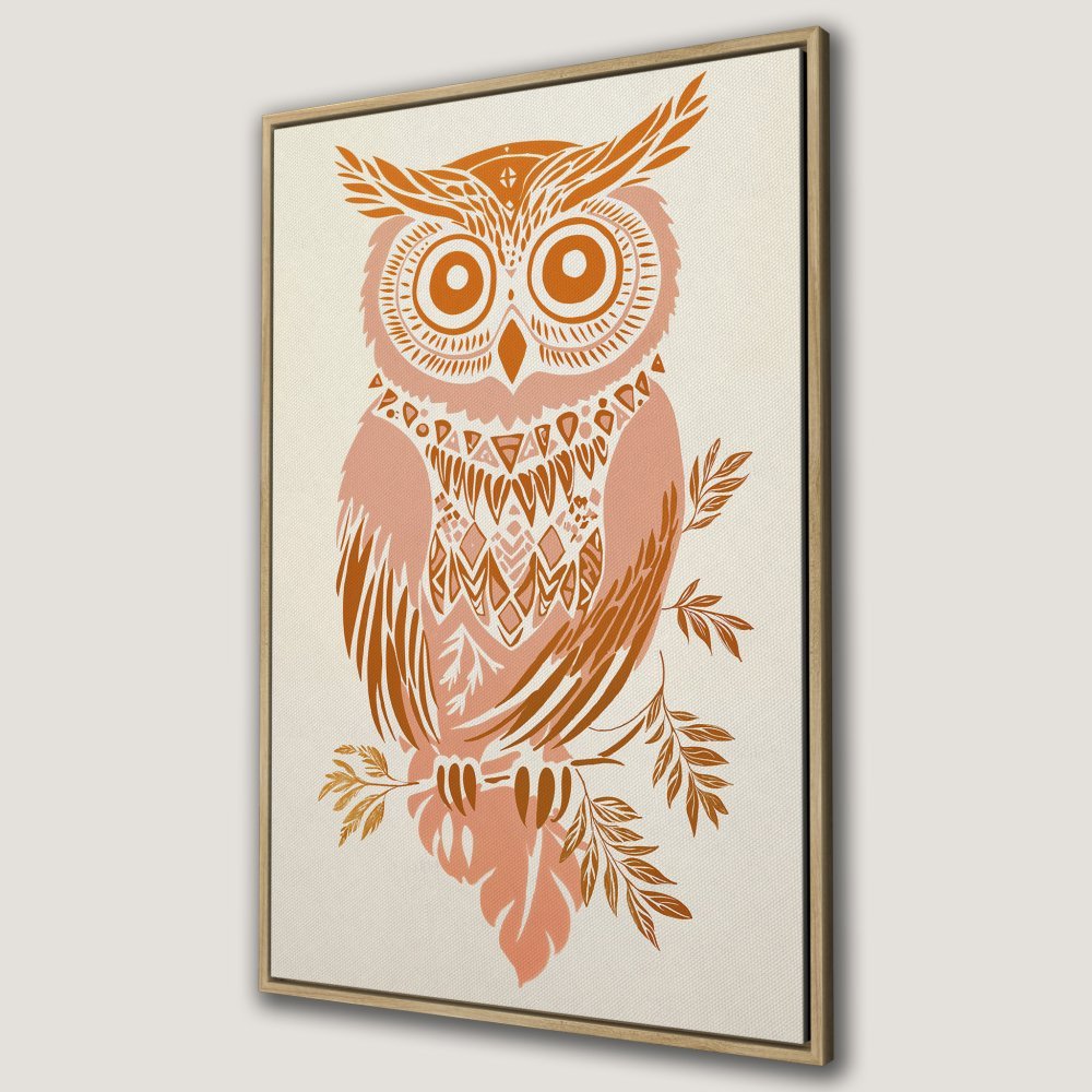 Framed Wall Art: Boho owl print in warm peach and orange tones. Add a touch of nature and style to your home decor!