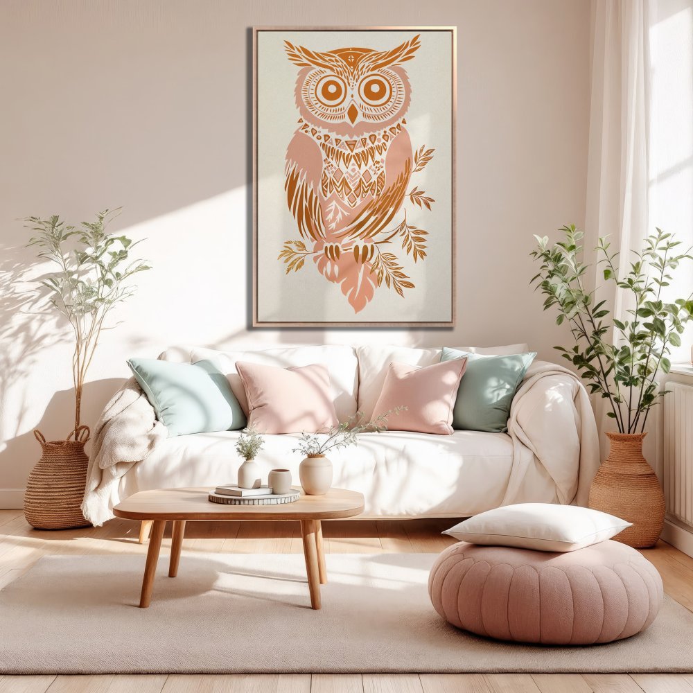 Framed Wall Art: Boho owl print in blush and copper tones. Perfect for adding a touch of style to your living room.