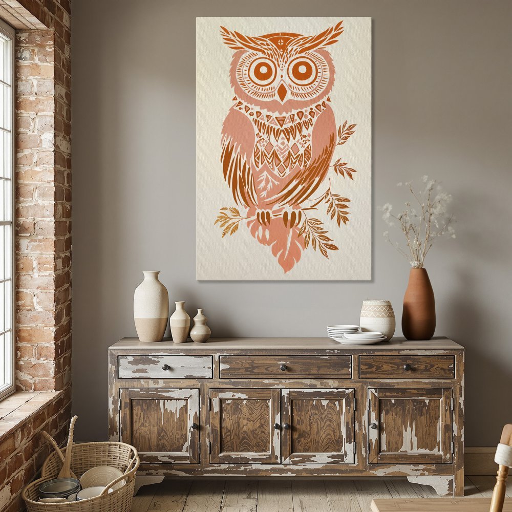Framed Wall Art: Boho owl print in peach and orange. Perfect for dining rooms! Add a touch of art to your home with this canvas print.