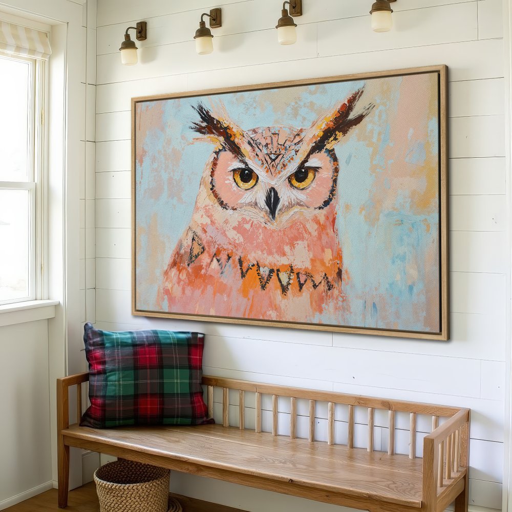 Framed Wall Art: Owl painting in pastel colors. Add a touch of nature and style to your home with this beautiful Canvas Print.