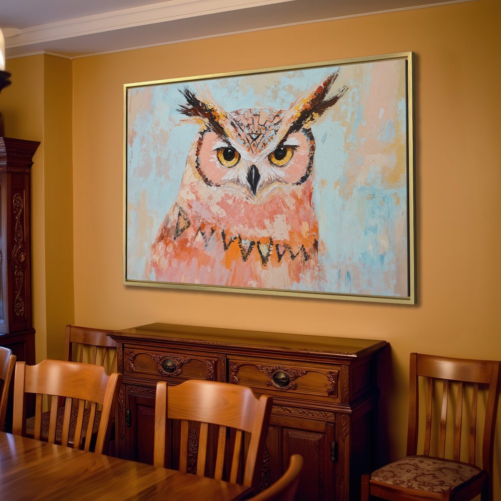 Canvas Print of an owl in a modern, abstract style with a warm, earthy color palette. Perfect wall art for your living room!