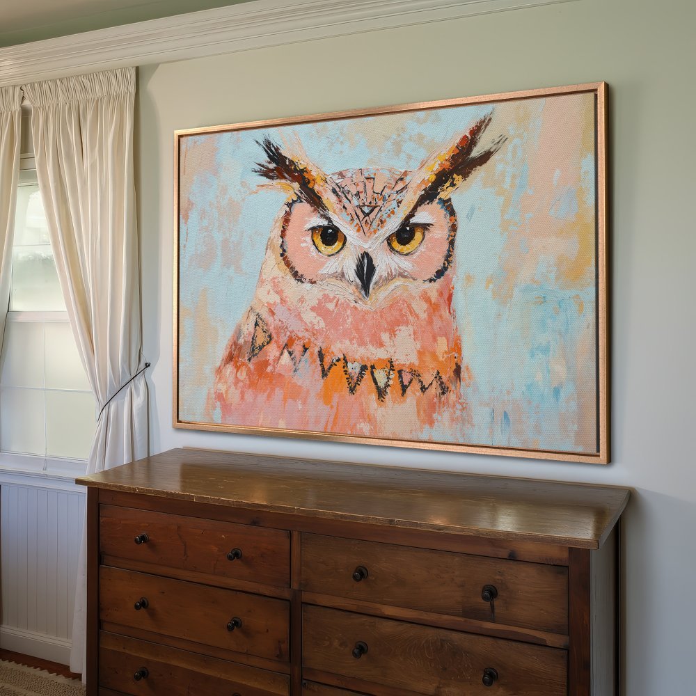 Framed Wall Art Canvas Print featuring an owl portrait in a vibrant, abstract style with a warm peach and blue color palette.