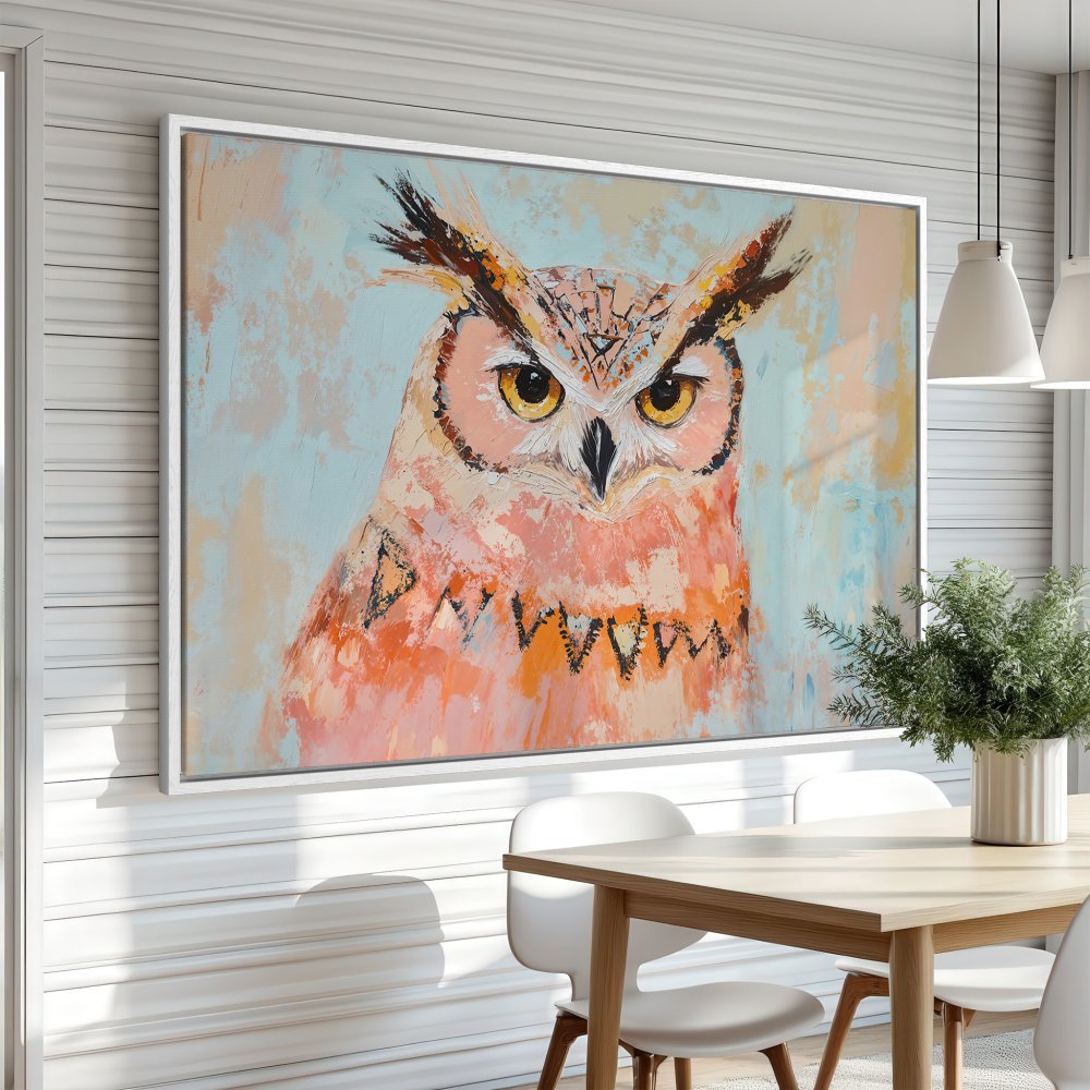 Framed Wall Art: Majestic owl painting in warm peach and blue tones. Add a touch of nature and art to your home decor!