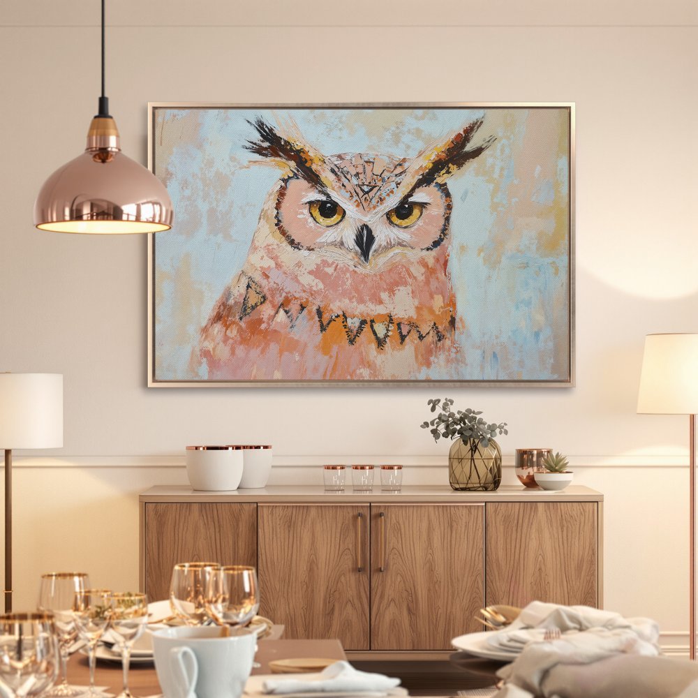 Framed Wall Art: Majestic owl painting in warm peach and blue tones. Add a touch of nature-inspired art to your home decor with this stunning canvas print.