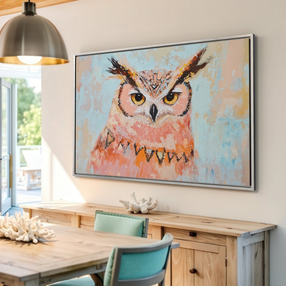 Framed Wall Art: Majestic owl painting in a modern style, featuring a pastel color palette of pinks, oranges, and blues. Perfect home decor!