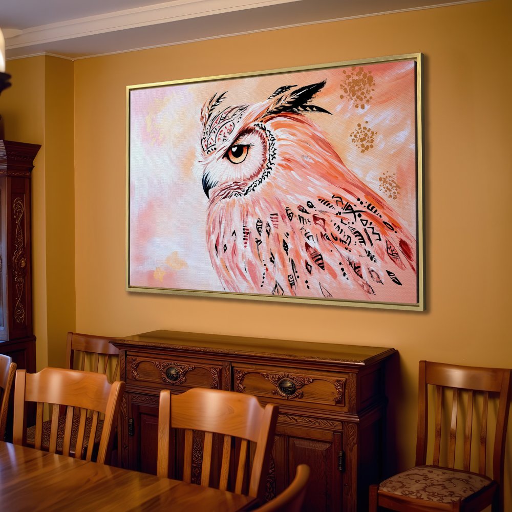Canvas Print of an owl in warm peach tones. Boho style wall art perfect for living room decor.