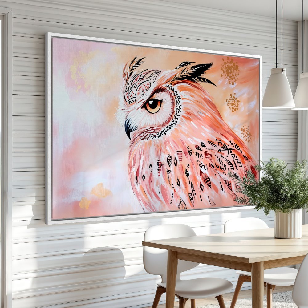 Framed Wall Art: Stunning owl painting in warm peach tones. Modern style canvas print adds a touch of elegance to any room.