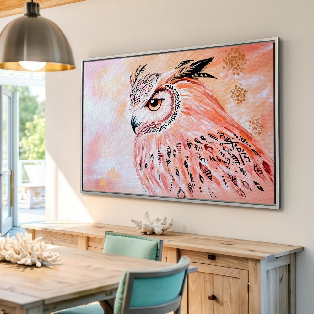 Framed Wall Art: Stunning owl canvas print in warm peach tones. Modern, artistic style perfect for home decor. Shop now!