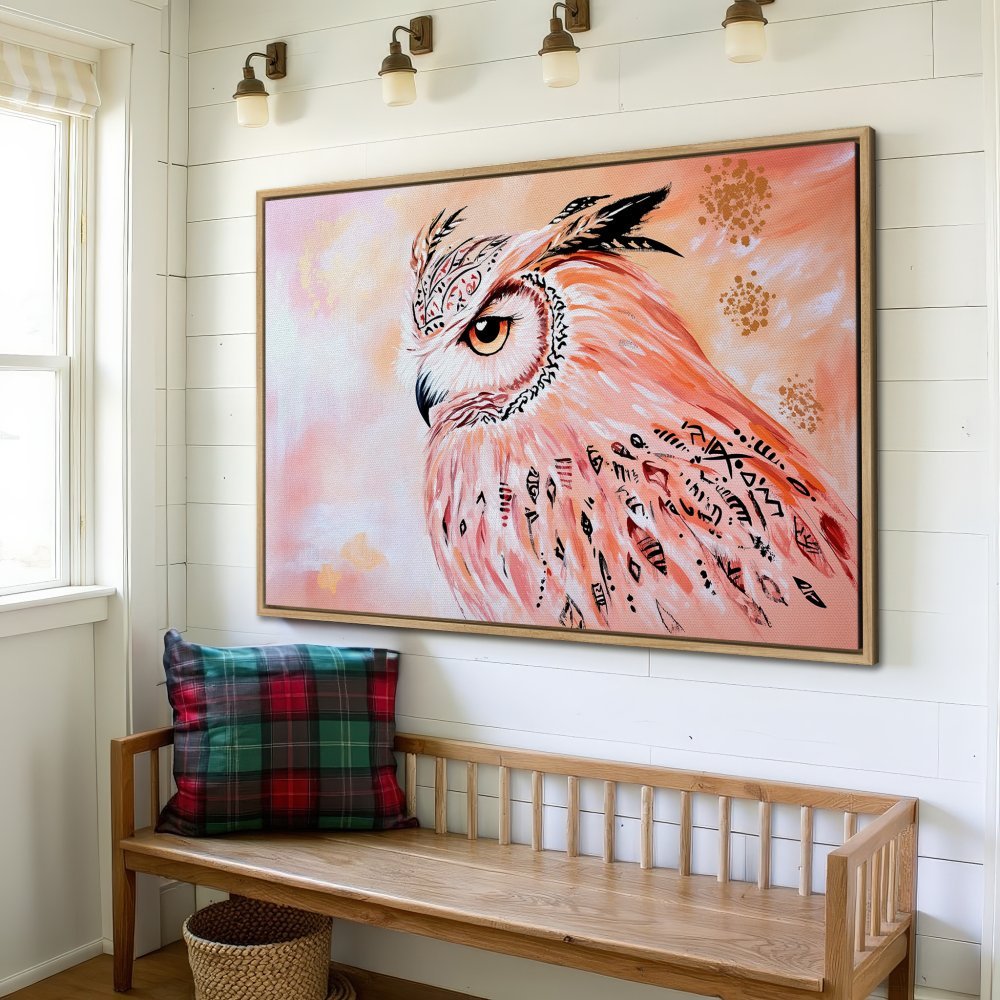 Framed Wall Art: Stunning owl painting in warm peach tones. Bohemian style Canvas Print adds artistic flair to any space. Shop now for unique wall decor!