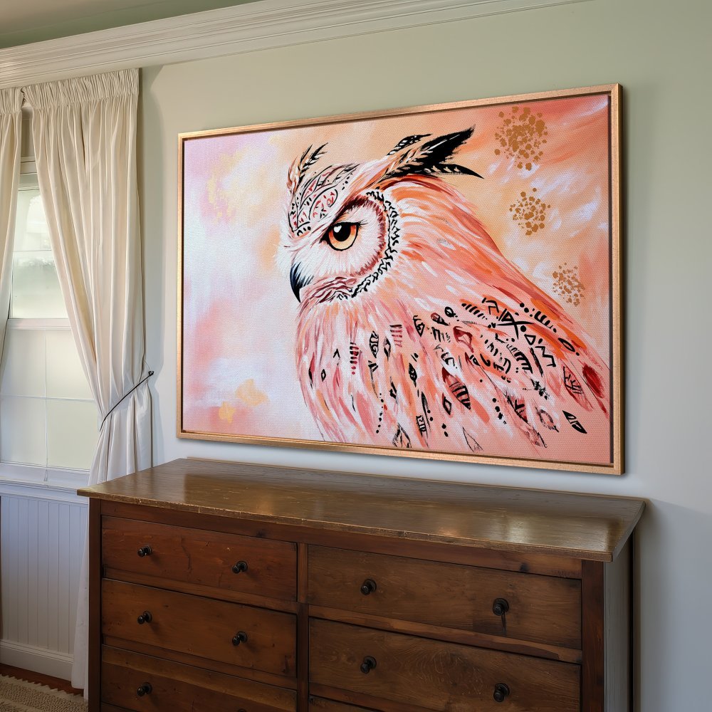 Framed Wall Art: Stunning owl painting in warm peach tones. Add a touch of boho style to your home with this beautiful Canvas Print!