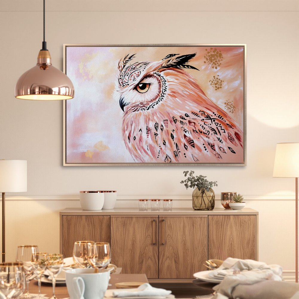 Framed Wall Art: Majestic owl painting in warm peach tones. Add a touch of boho elegance to your home with this stunning Canvas Print.