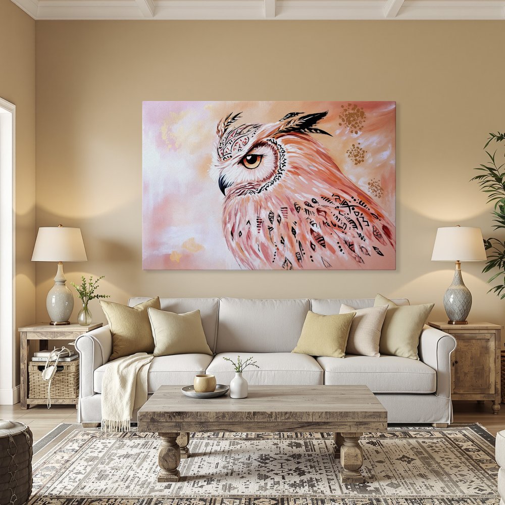 Framed Wall Art: Majestic owl portrait in warm peach and orange tones. Add a touch of boho style with this stunning Canvas Print.