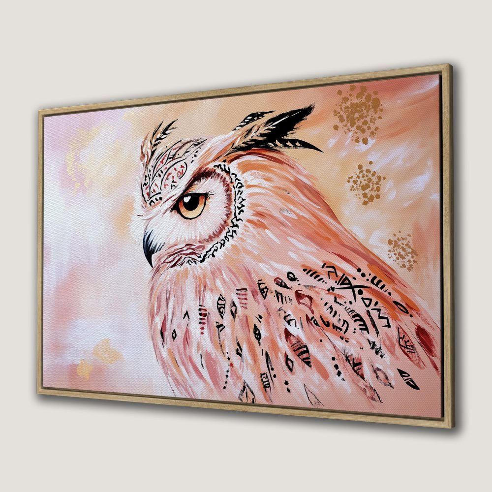Framed Wall Art: Stunning owl portrait in warm peach and gold tones. Boho style Canvas Print adds artistic flair to any room!