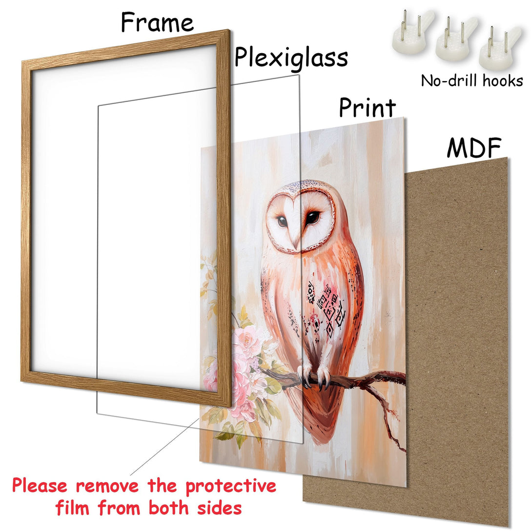 Framed Poster featuring an owl painting in warm orange and beige tones. Perfect art for your home!