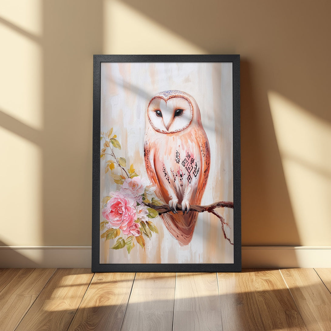 Framed Poster featuring a beautiful owl with floral accents, painted in a soft, warm color palette. Perfect wall art!
