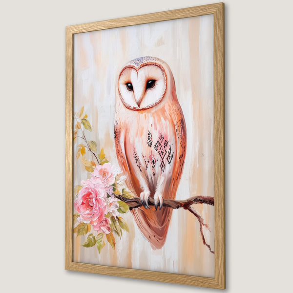 Framed Poster featuring a beautiful owl with pink flowers, painted in a soft, artistic style with a warm color palette. Perfect wall art!