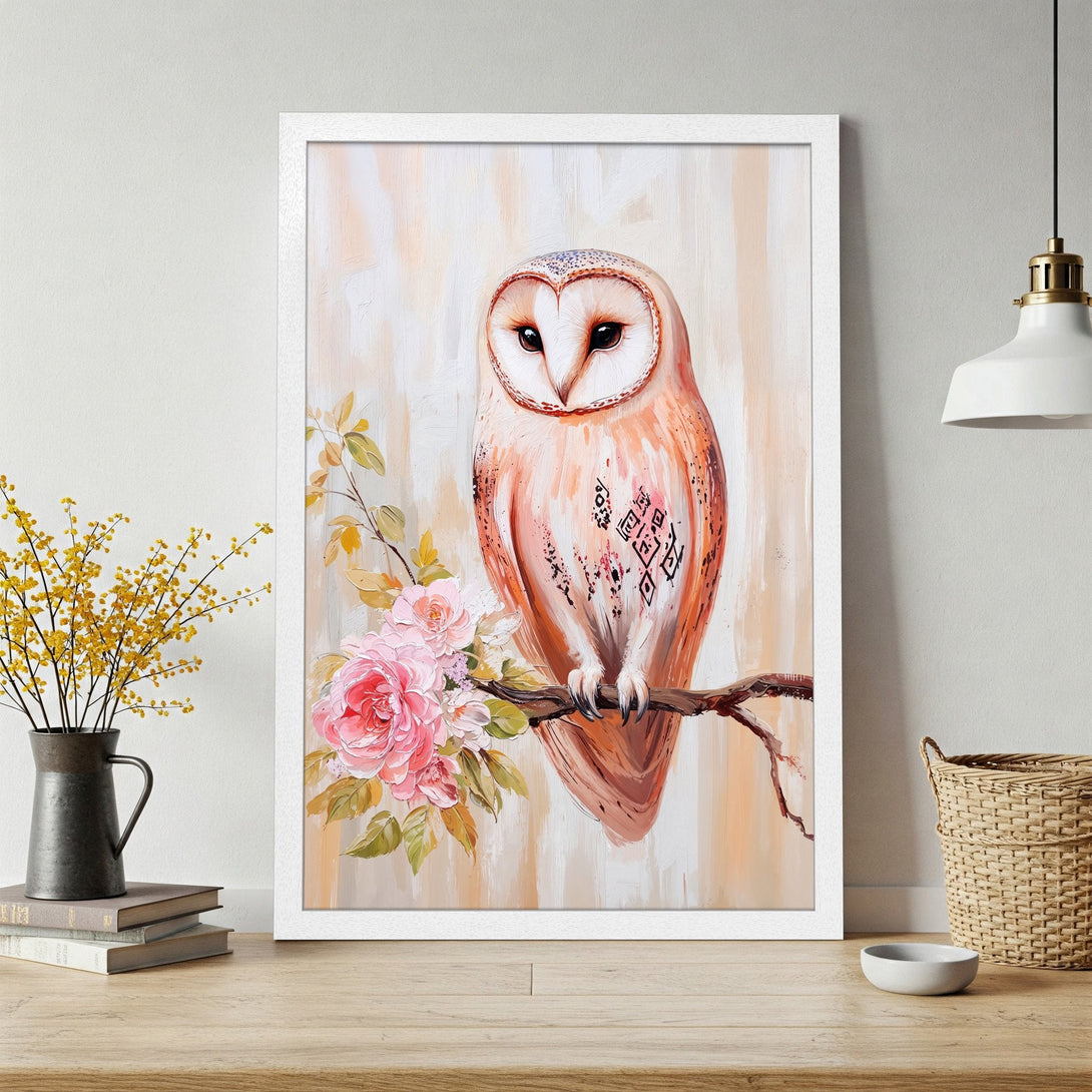 Framed Poster of an owl with floral accents. Artistic style, warm peach and pink color palette. Perfect wall art for your home.