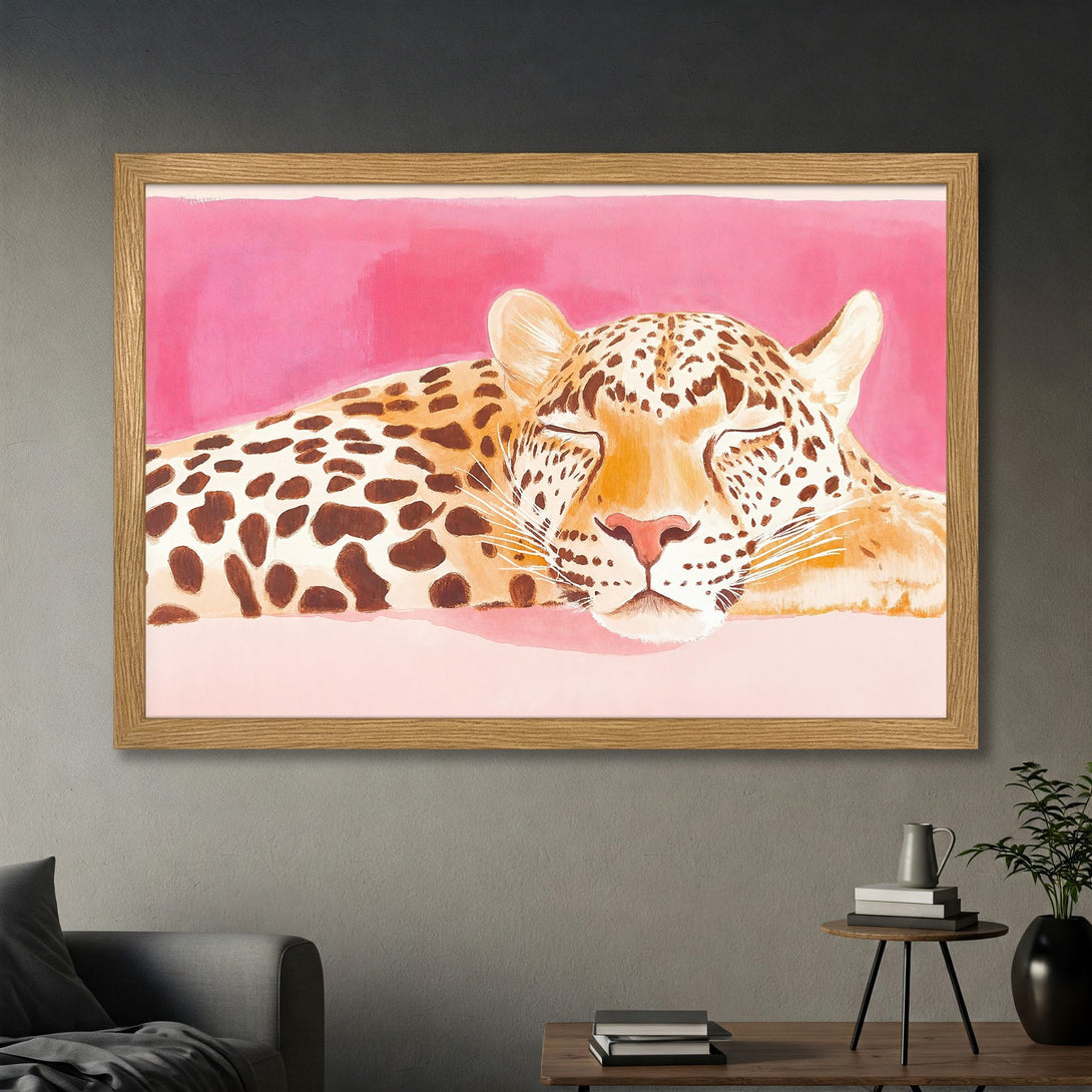 Framed Poster featuring a watercolor painting of a sleeping leopard. Pink and brown color palette, perfect for modern decor.