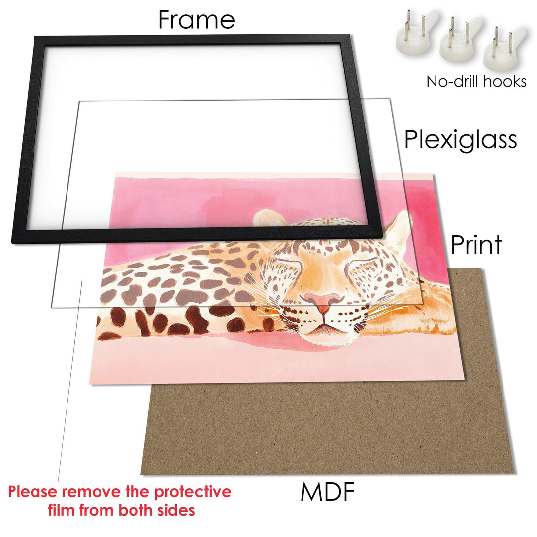 Framed Poster featuring a watercolor leopard in a soft pink and brown palette. Perfect art for your home!