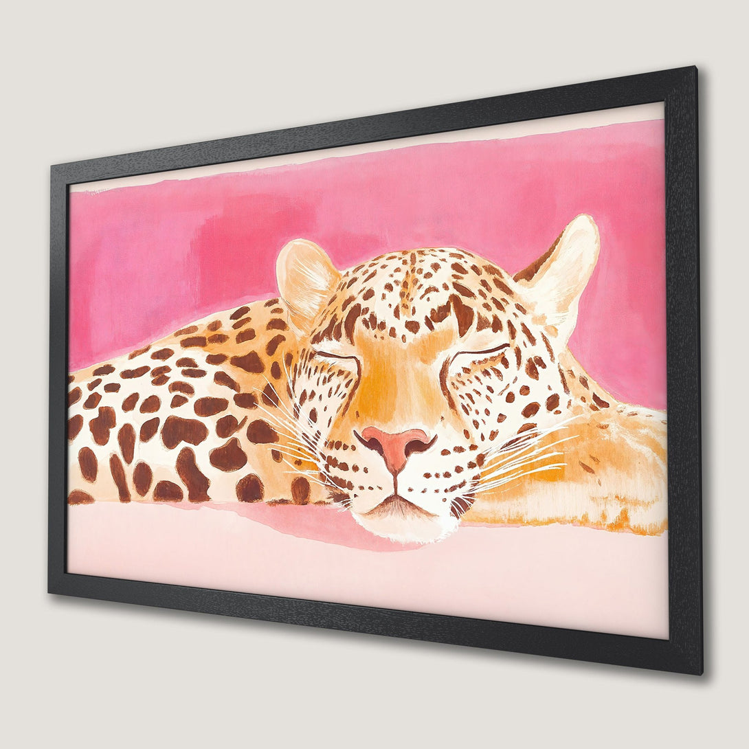 Framed Poster featuring a watercolor-style sleeping leopard against a pink backdrop. Warm, earthy tones create a calming, stylish art print.