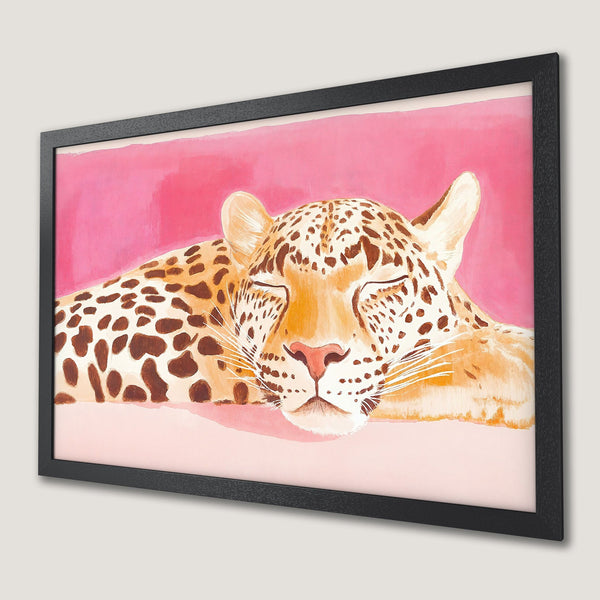 Framed Poster featuring a watercolor-style sleeping leopard against a pink backdrop. Warm, earthy tones create a calming, stylish art print.