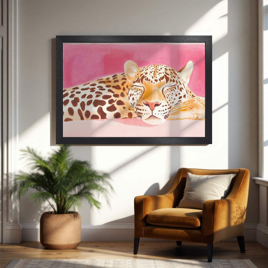 Framed Poster featuring a sleeping leopard in watercolor style, with a pink and brown color palette. Perfect wall art!