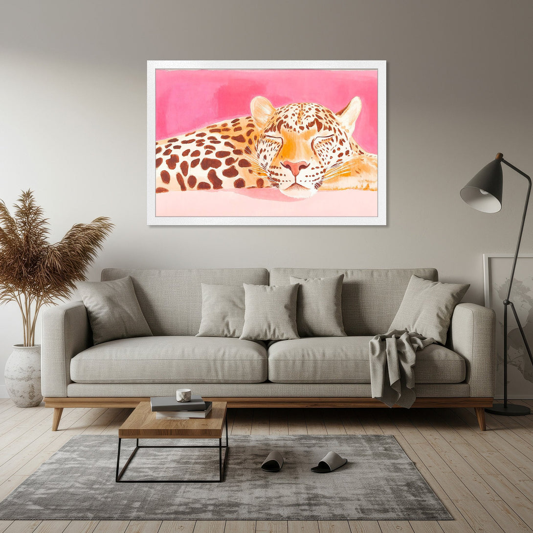 Framed Poster featuring a watercolor leopard with a pink background. Modern art print in warm, earthy tones. Perfect wall decor!