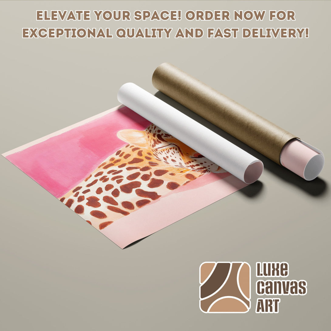 Poster Roll featuring a watercolor leopard, warm color palette. Elevate your space with Luxe Canvas Art!