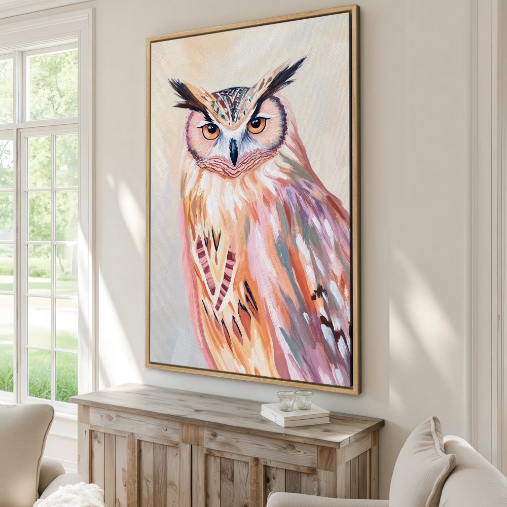 Framed Wall Art: Colorful owl painting in warm tones. Add a touch of nature and style to your home with this beautiful canvas print!