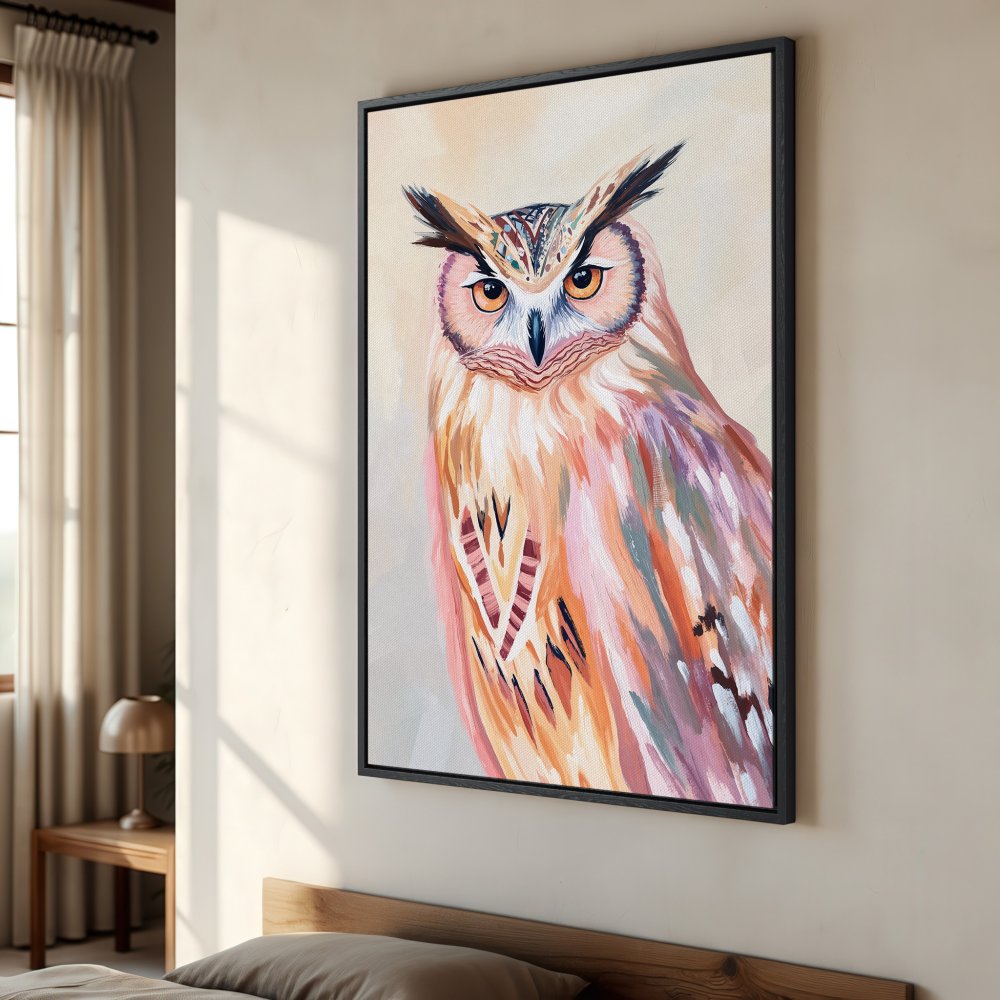 Framed Wall Art: Colorful owl painting in warm tones. Add a touch of nature and style to your space with this beautiful canvas print!
