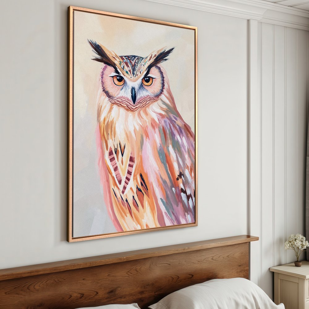 Framed Wall Art: Colorful owl painting in warm tones. Add artistic flair to your space with this beautiful canvas print!
