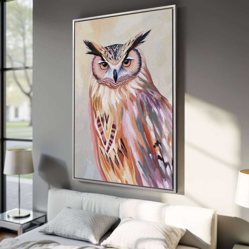 Framed Wall Art: Majestic owl painting in warm, earthy tones. Add a touch of nature & style to your space with this stunning canvas print!
