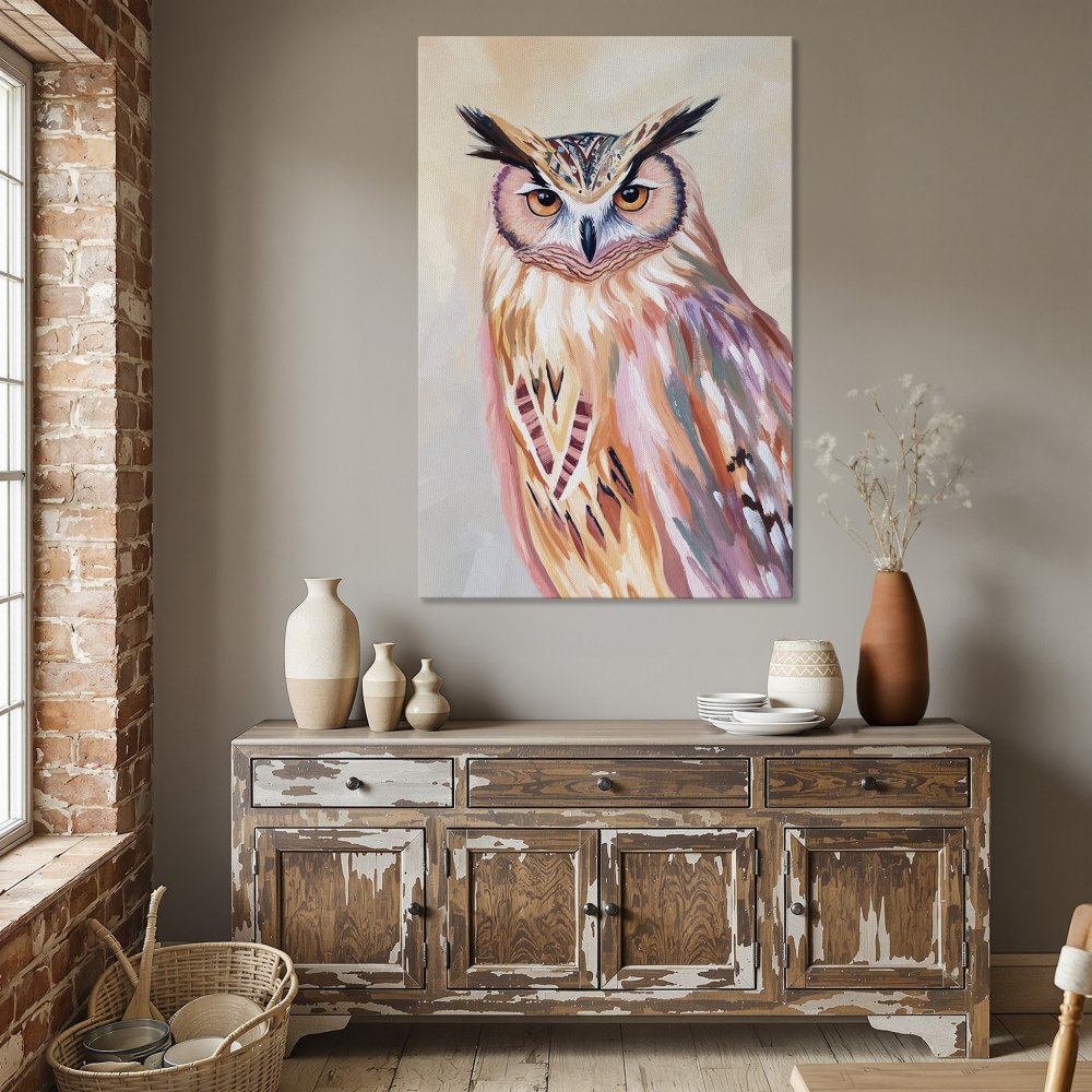 Framed Wall Art: Colorful owl painting in warm tones. Perfect for adding a touch of nature and style to your dining room or living space. Shop now!