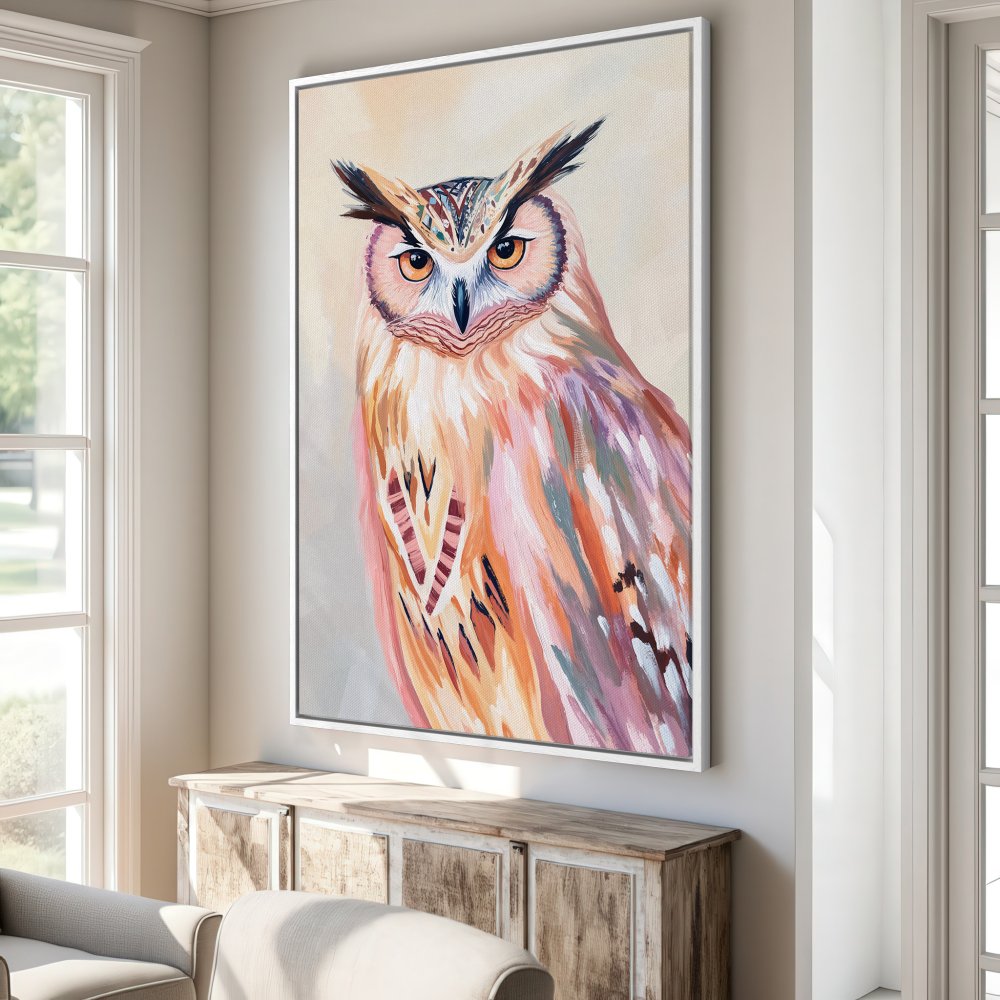 Framed Wall Art: Colorful owl painting in warm tones. Add a touch of nature & style to your home with this beautiful canvas print!