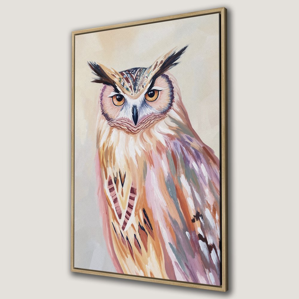 Framed Wall Art: Colorful owl painting in warm tones. Add a touch of nature and art to your space with this beautiful canvas print.
