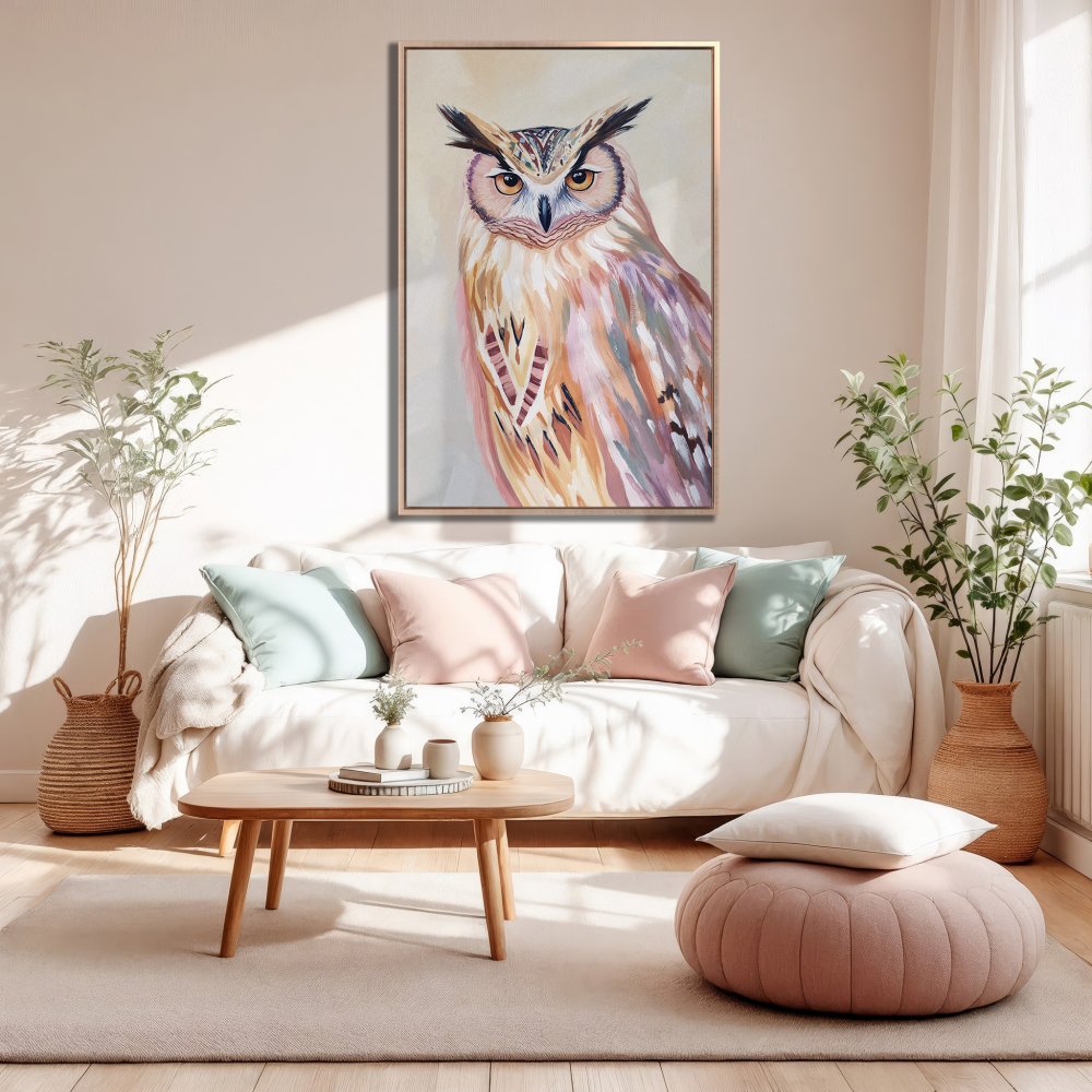 Framed Wall Art: Owl painting in soft pastel colors. Perfect for adding a touch of nature and style to your living room decor.