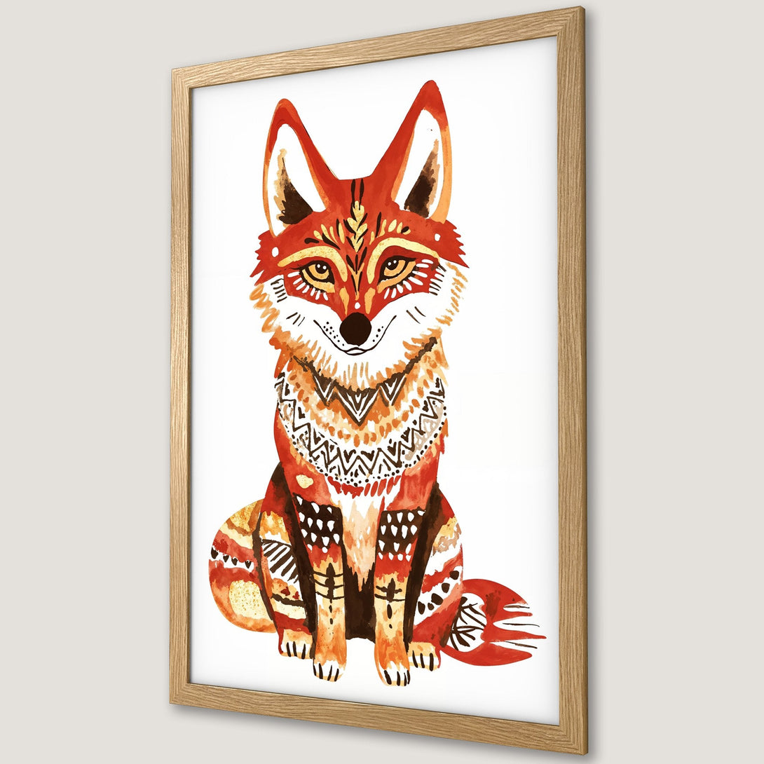Framed Poster featuring a watercolor fox in an ethnic style, with a warm red and brown color palette. Perfect wall art!