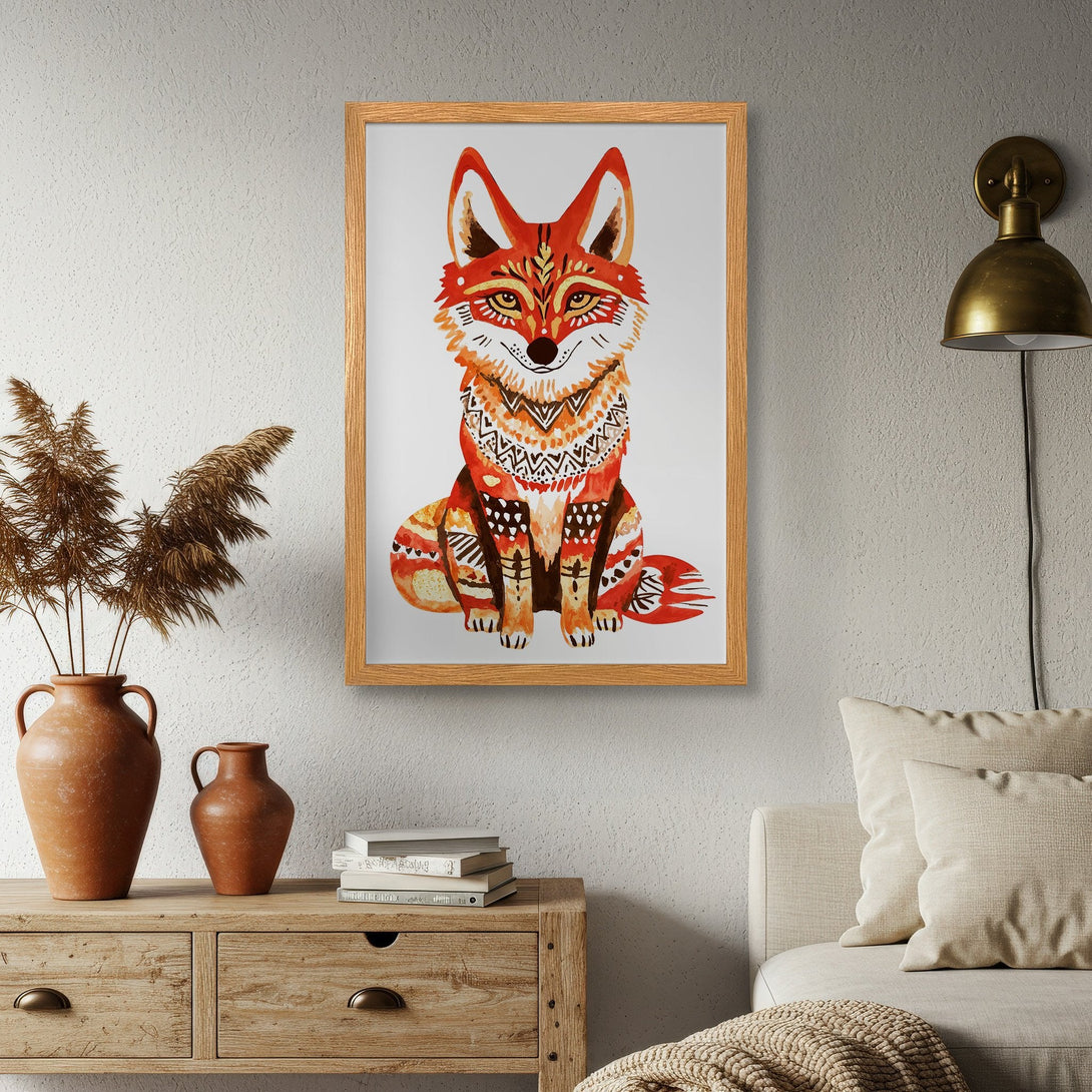 Framed Poster featuring a vibrant watercolor fox in an ethnic style, with a warm orange and brown color palette. Perfect wall art!