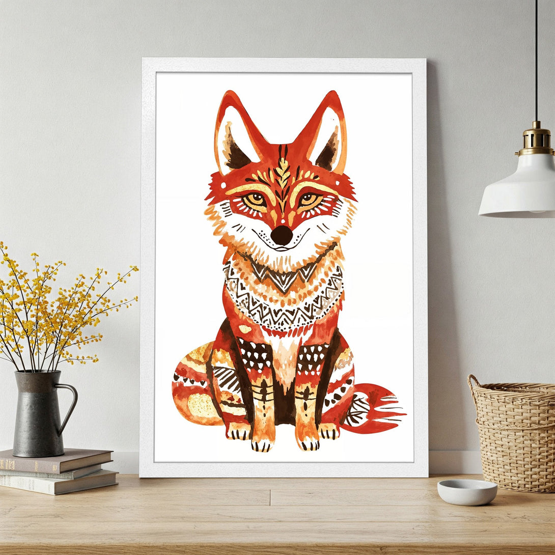 Framed Poster featuring a watercolor fox in an ethnic style, warm orange and brown color palette. Perfect wall art!