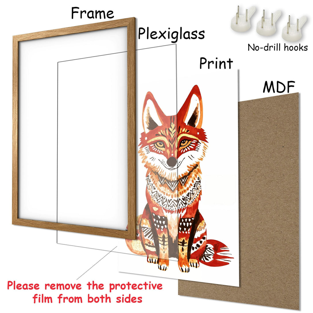 Framed Poster featuring a vibrant watercolor fox in a warm color palette. Perfect art for your home!