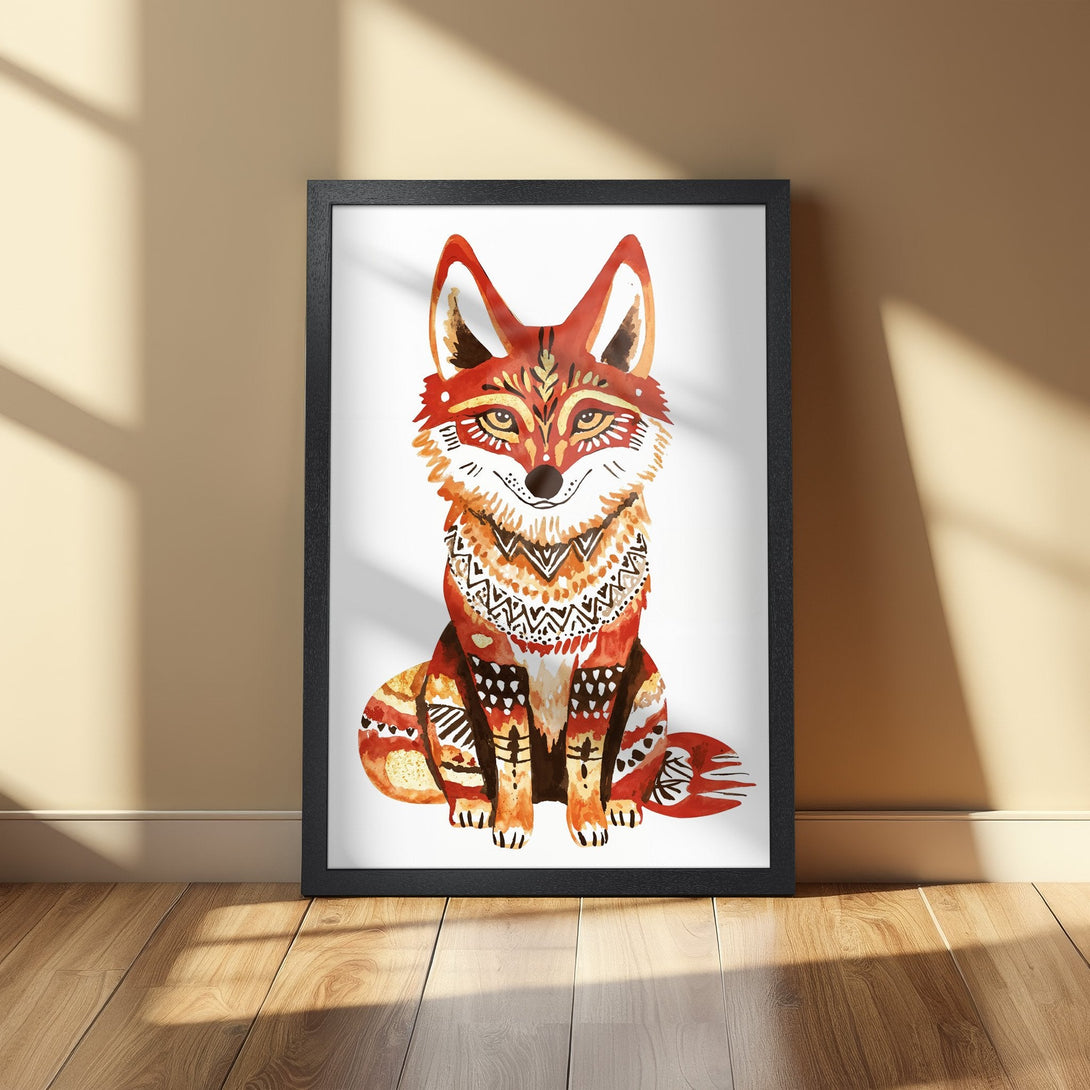 Framed Poster featuring a watercolor fox in warm orange and brown tones, bohemian style art for home decor.