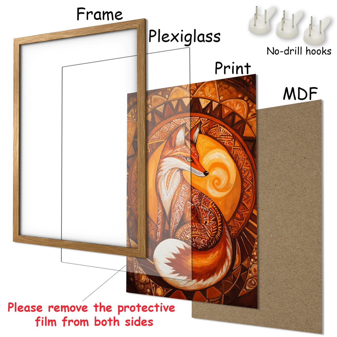 Framed Poster featuring a stylized fox in warm orange and brown tones. Perfect art for your home!