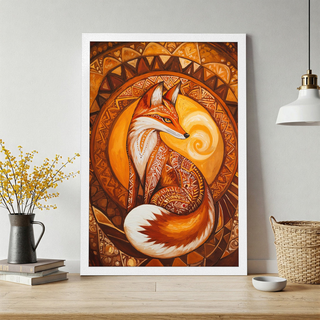 Framed Poster featuring a stylized fox in warm orange and brown tones, perfect for adding a touch of nature to your home decor.